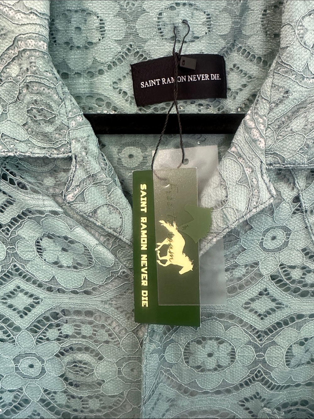 NWT Men's Teal Lace Short-Sleeve Button-Down Shirt (L)